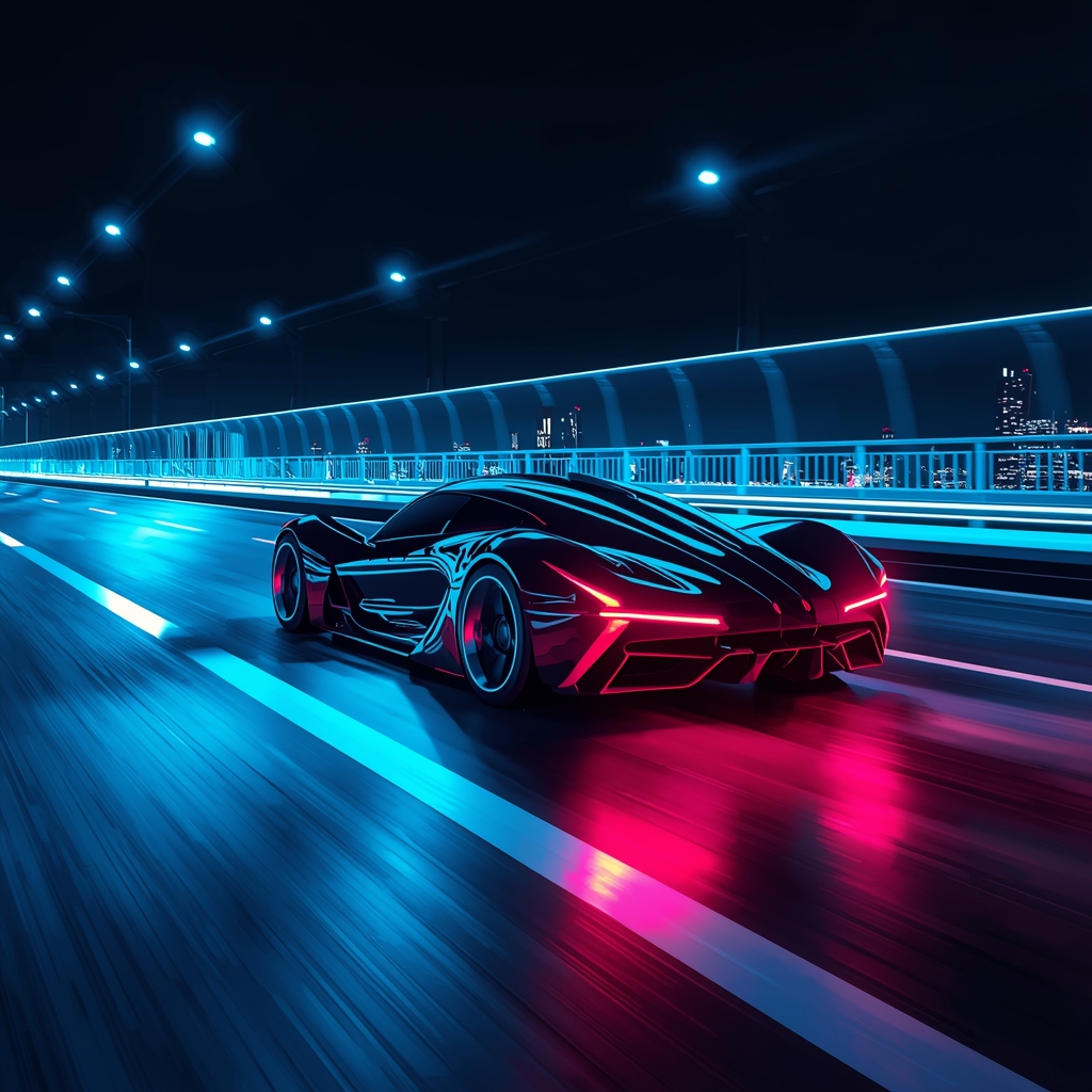 Futuristic concept car speeding on a neon-lit highway at night, cyber aesthetic, 8k resolution, photorealistic